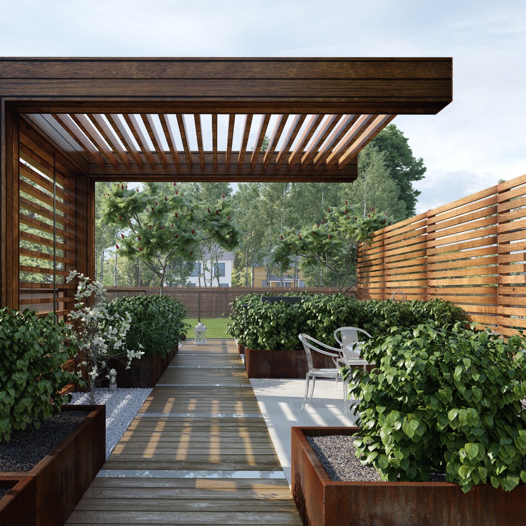 Pergola og udendørs opholdsrum ved siden af udestue